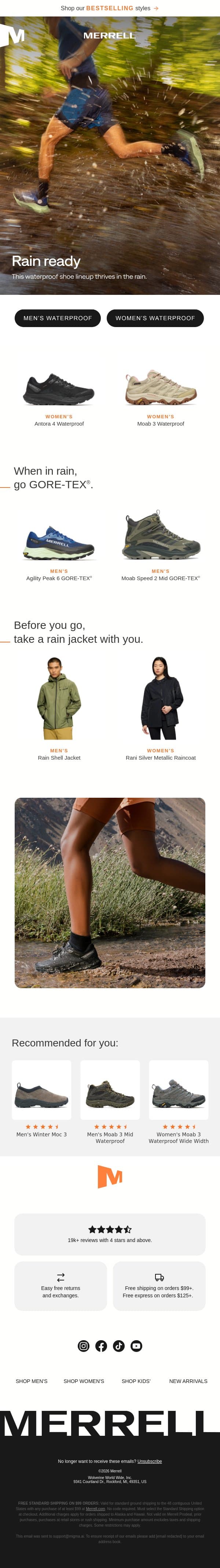 Rainy days. Peak performance. email from Merrell screenshot