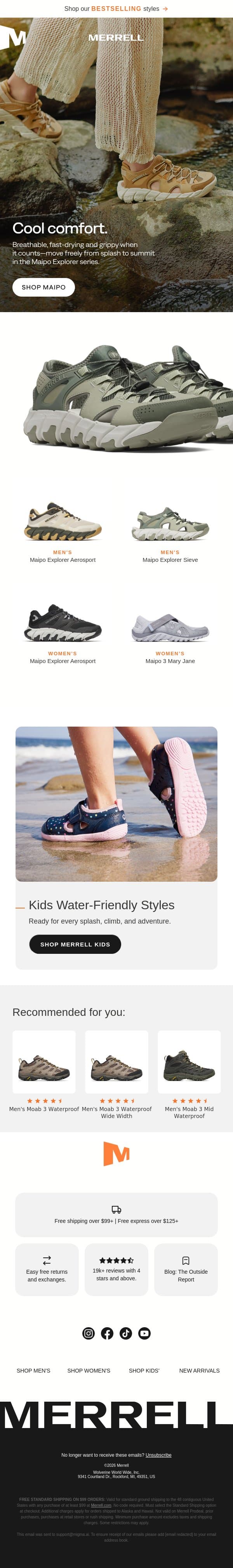 Made for water. Ready for anywhere. email from Merrell screenshot