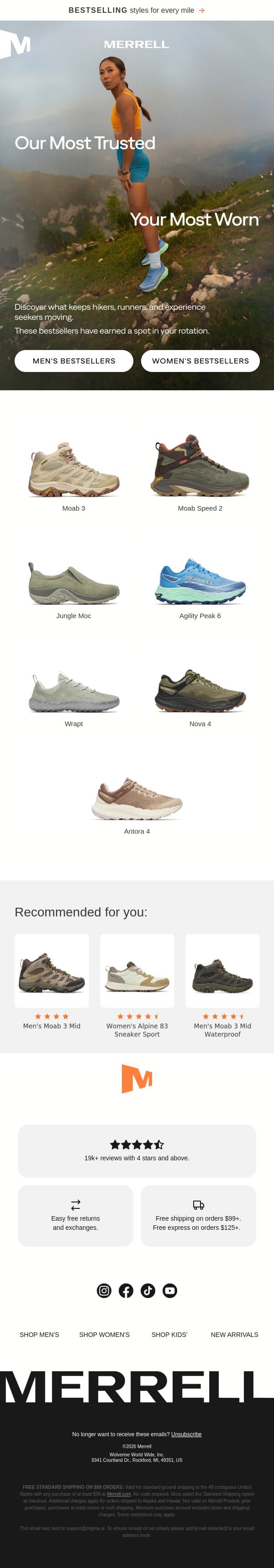 Meet our bestsellers email from Merrell screenshot