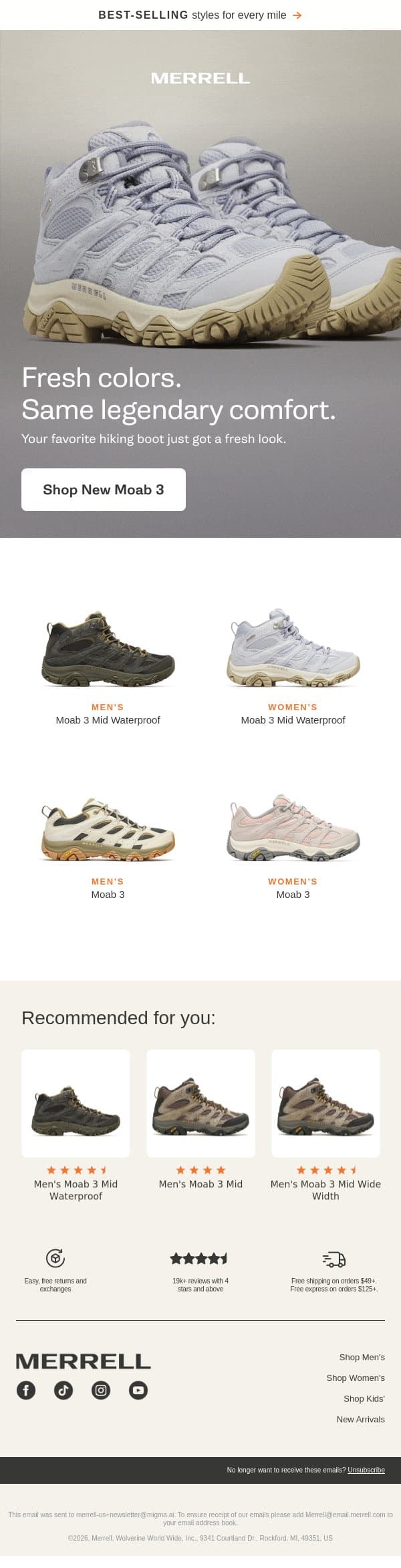 New Moab 3 color drop email from Merrell screenshot