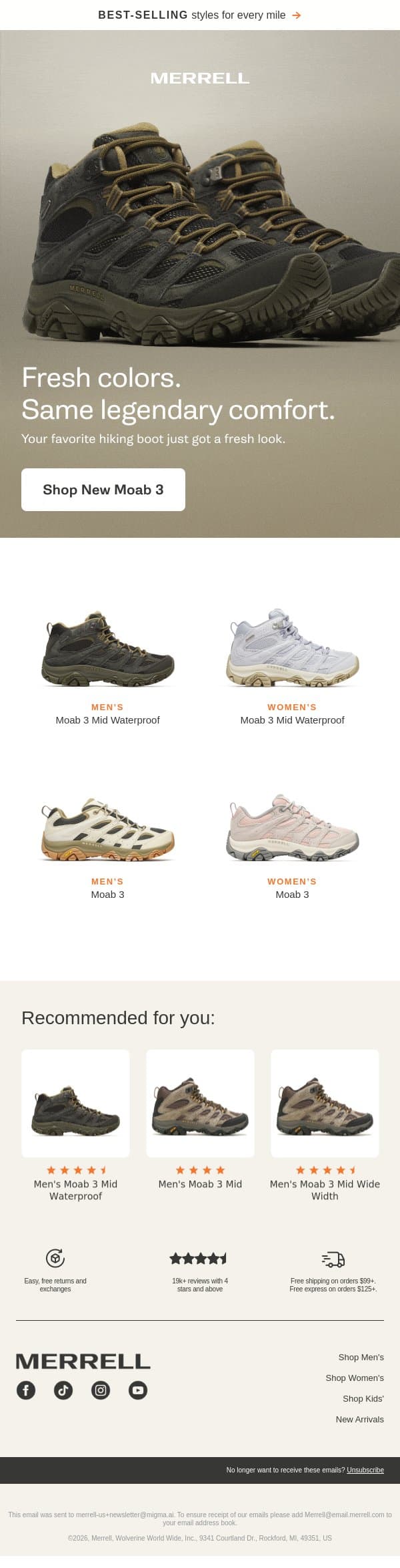 Fresh colors in Moab 3. Same legendary comfort. email from Merrell screenshot