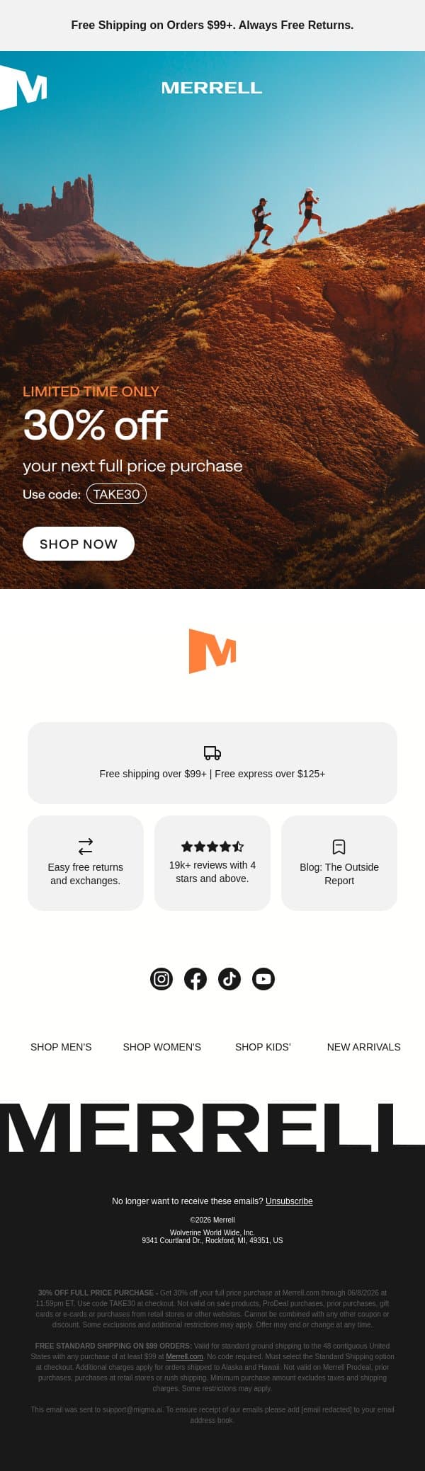 30% Off Full Price—Limited Time Only email from Merrell screenshot