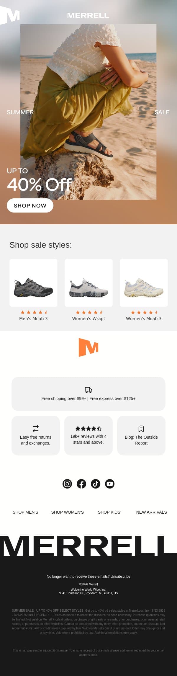 Summer favorites are still on sale email from Merrell screenshot