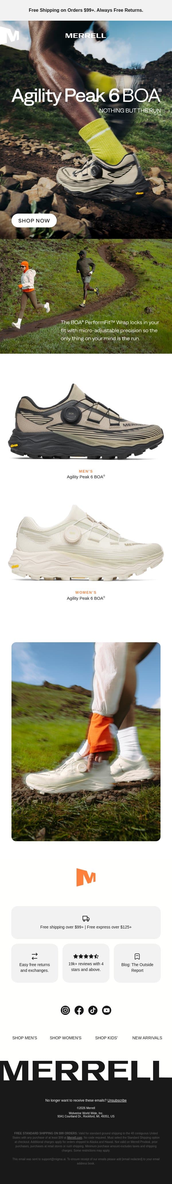 Maximize your run in the Agility Peak 6 BOA email from Merrell screenshot