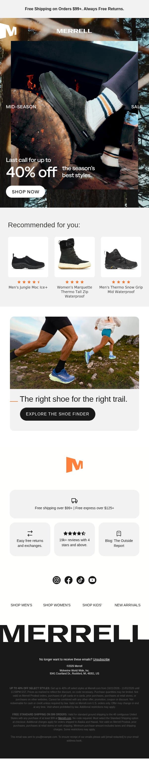 Up to 40% off ends tomorrow email from Merrell screenshot