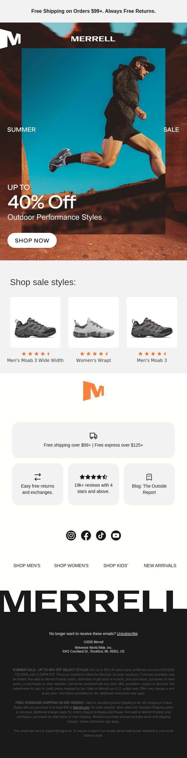 Up to 40% off—shop sandals, trail shoes and more email from Merrell screenshot