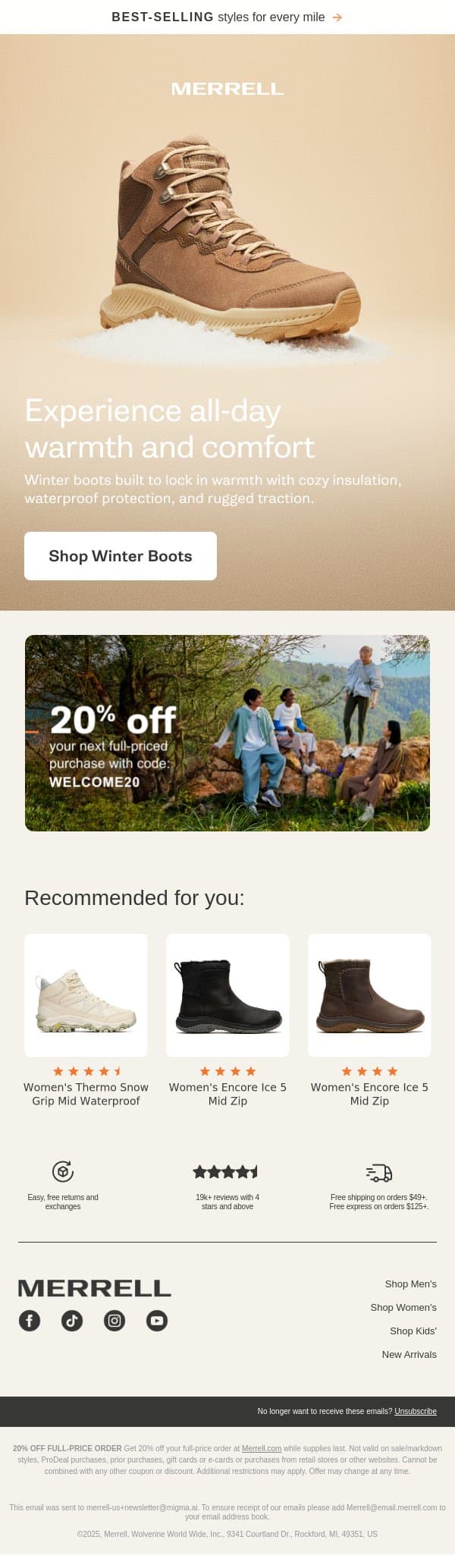 Winter boots with vibram traction and waterproof protection email from Merrell screenshot