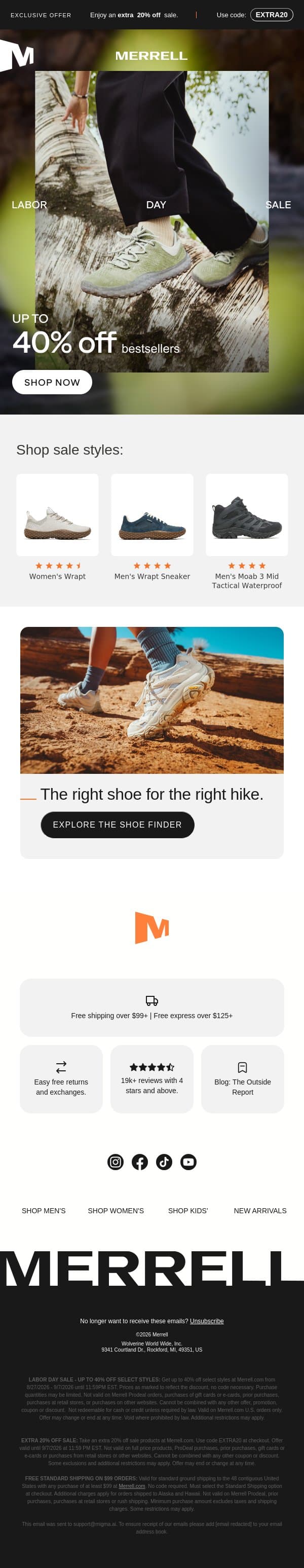 Don't miss out: up to 40% off + extra 20% off email from Merrell screenshot