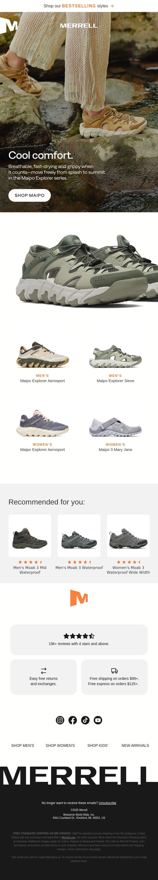 Water underfoot, comfort all day email from Merrell screenshot