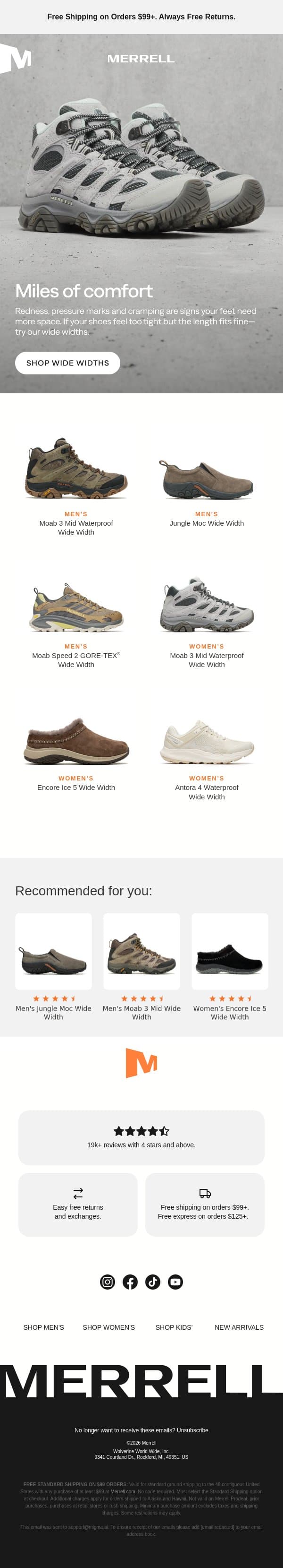 Wide fit footwear email from Merrell screenshot