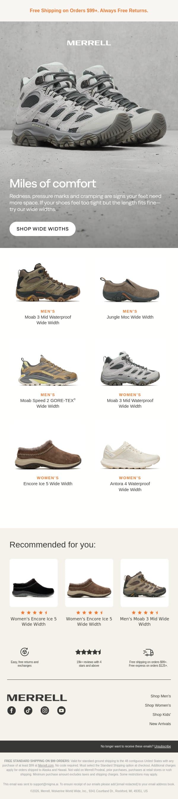 The wide width collection email from Merrell screenshot