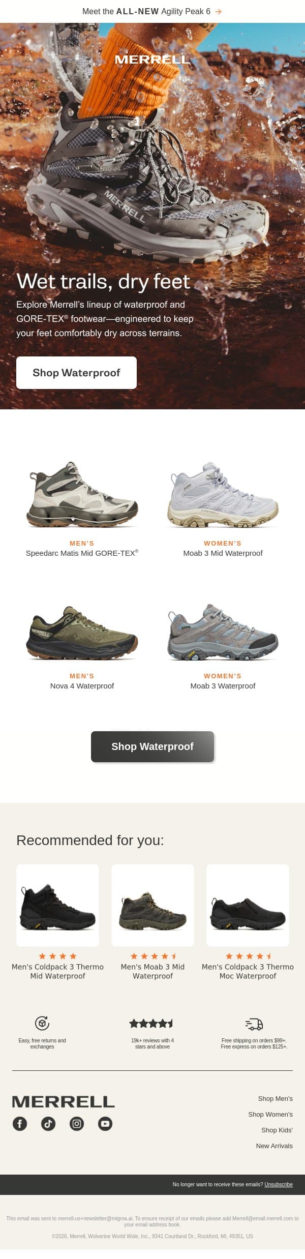 Waterproof comfort, wherever you go email from Merrell screenshot