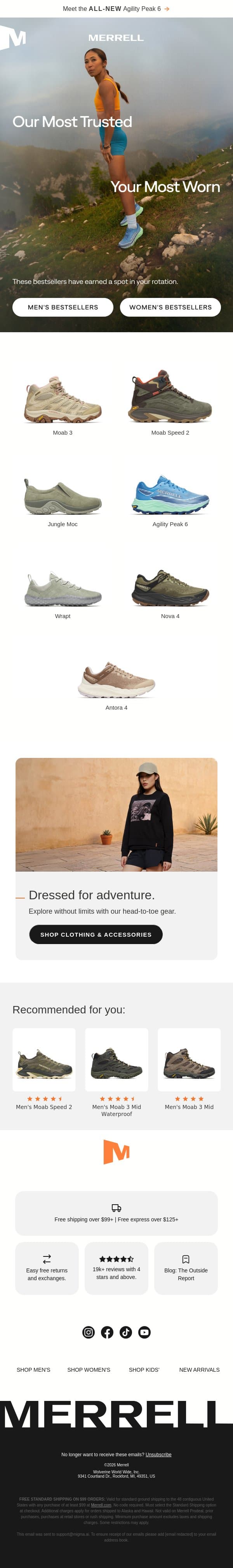 Outdoor-ready favorites email from Merrell screenshot