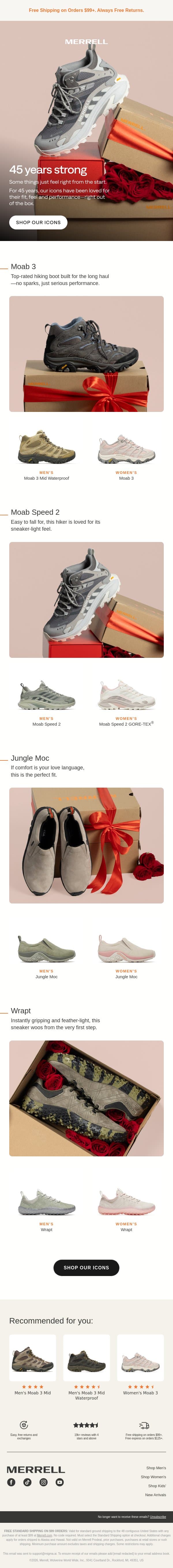 45 years making shoes you love email from Merrell screenshot