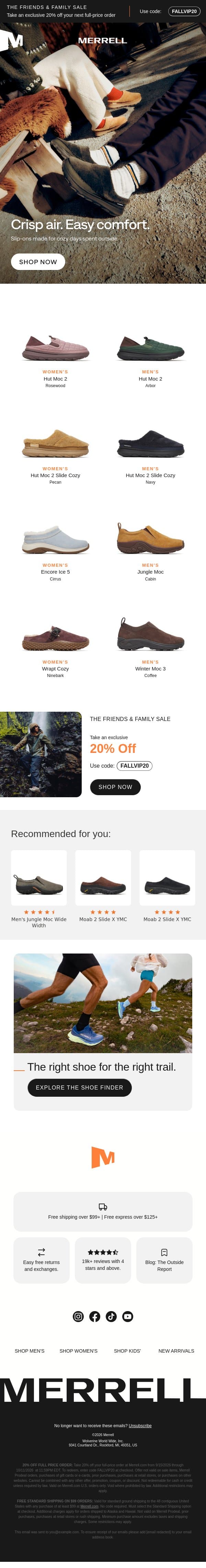 Cozy comfort for crisp-air days email from Merrell screenshot