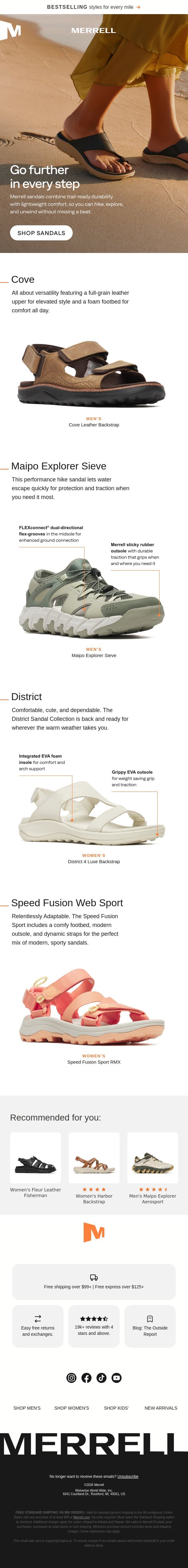 Lightweight sandals with all-day support email from Merrell screenshot