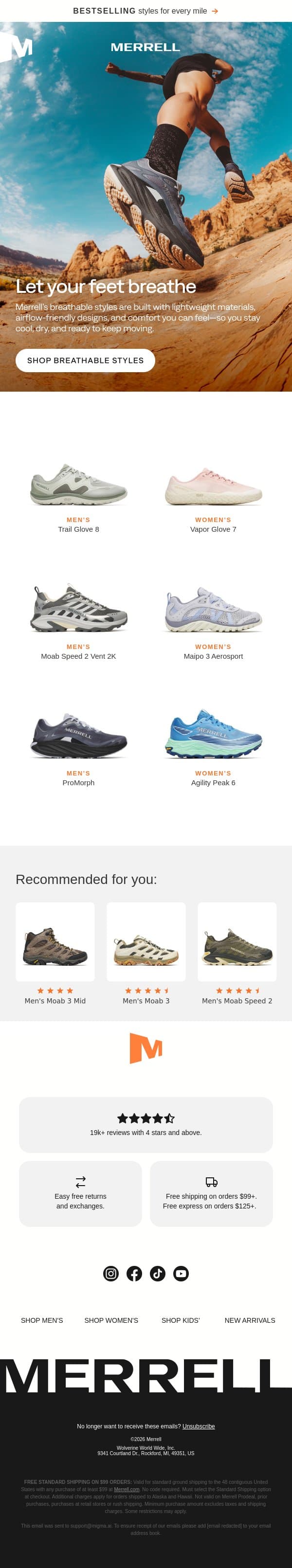 Lightweight, breathable shoes email from Merrell screenshot
