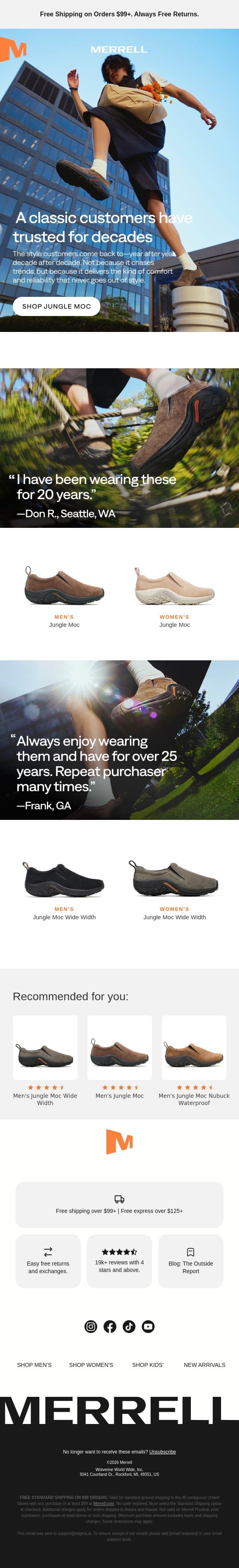 Jungle Moc: trusted comfort, year after year email from Merrell screenshot