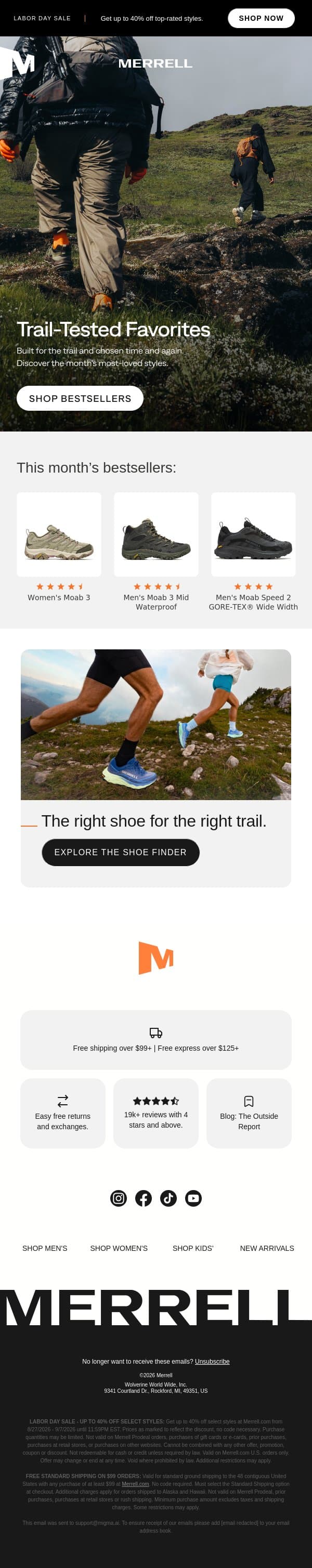 August bestsellers email from Merrell screenshot