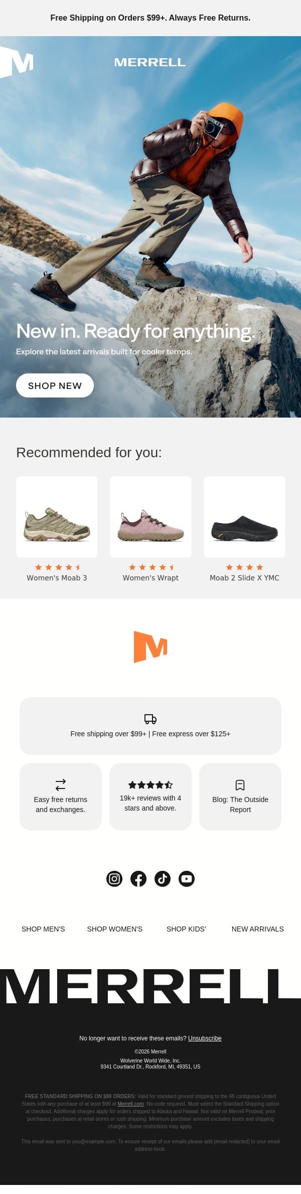 New arrivals for changing seasons email from Merrell screenshot