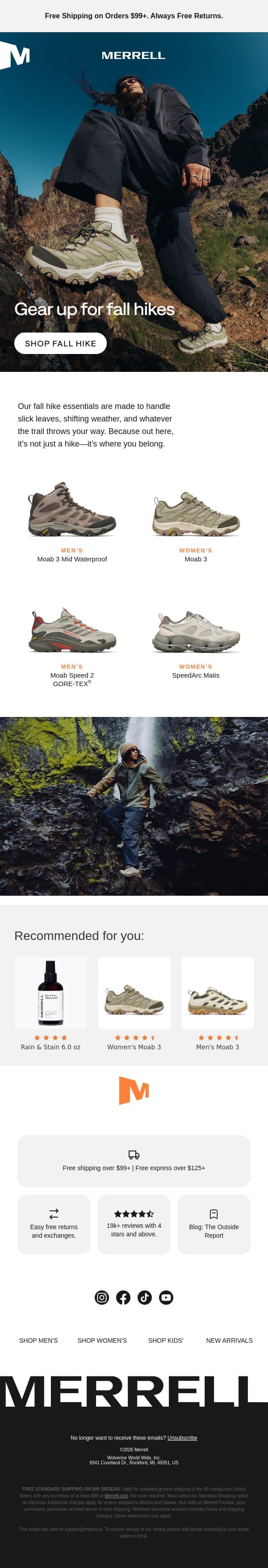 Gear up for fall hikes email from Merrell screenshot