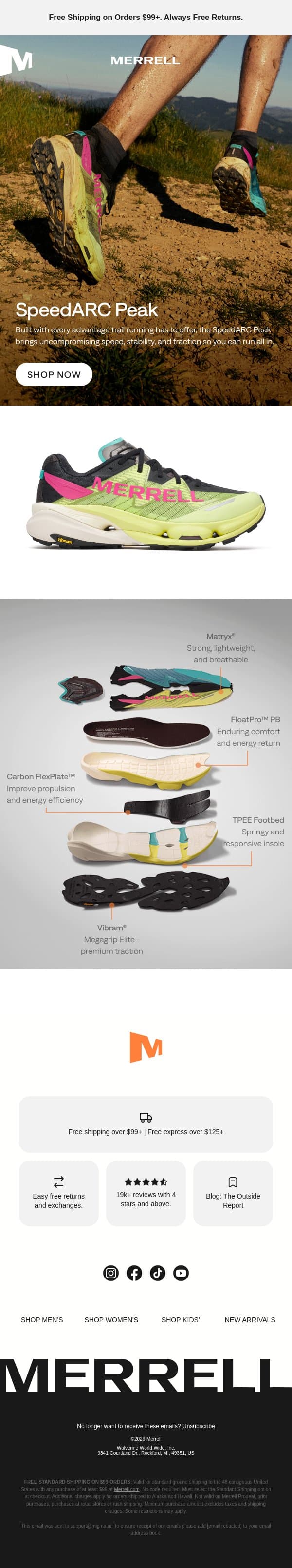 The new SpeedARC Peak, explained email from Merrell screenshot