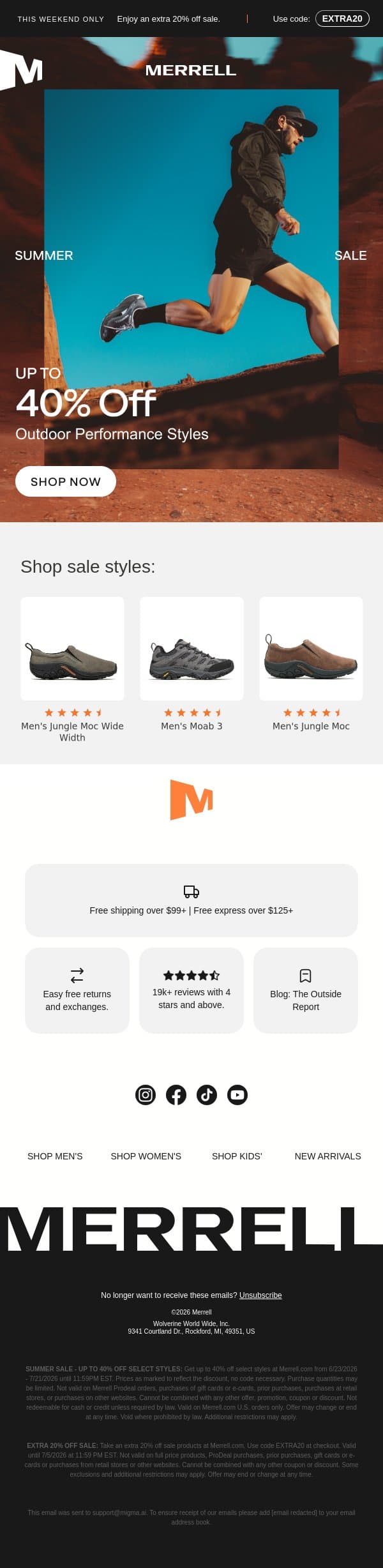 Save big on hiking boots, sneakers & more email from Merrell screenshot