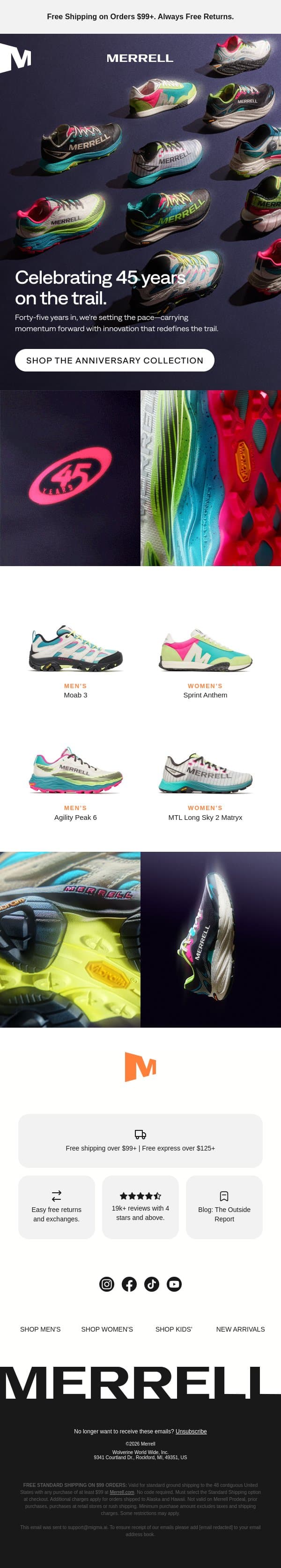 45 years. Still leading every trail. email from Merrell screenshot