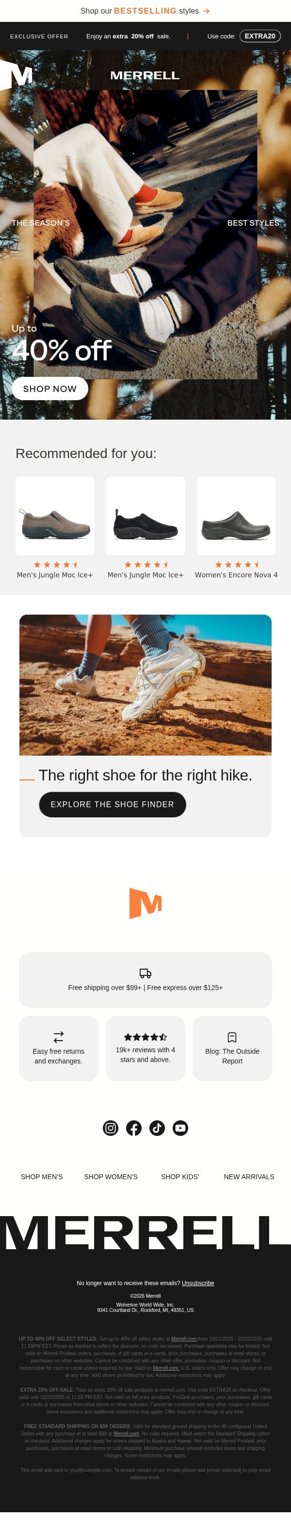 Up to 40% off + an extra 20% off email from Merrell screenshot