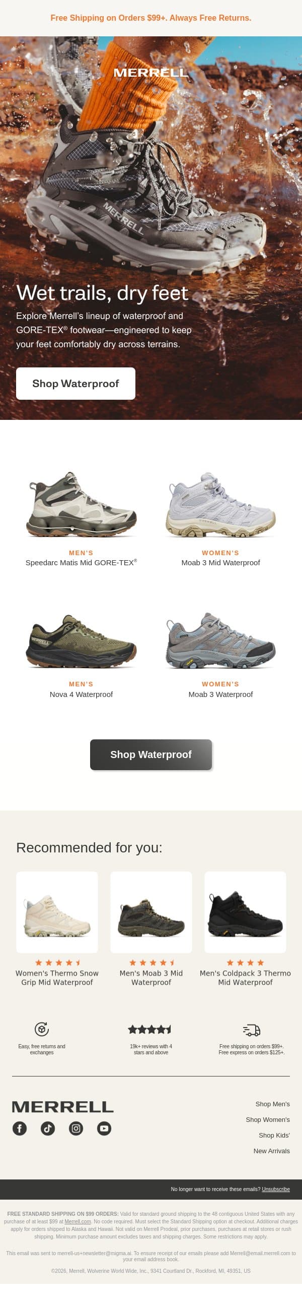 Styles made for wet and cold conditions email from Merrell screenshot