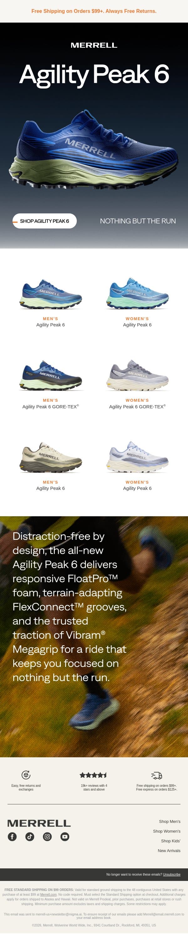 JUST IN: The Agility Peak 6 is here email from Merrell screenshot
