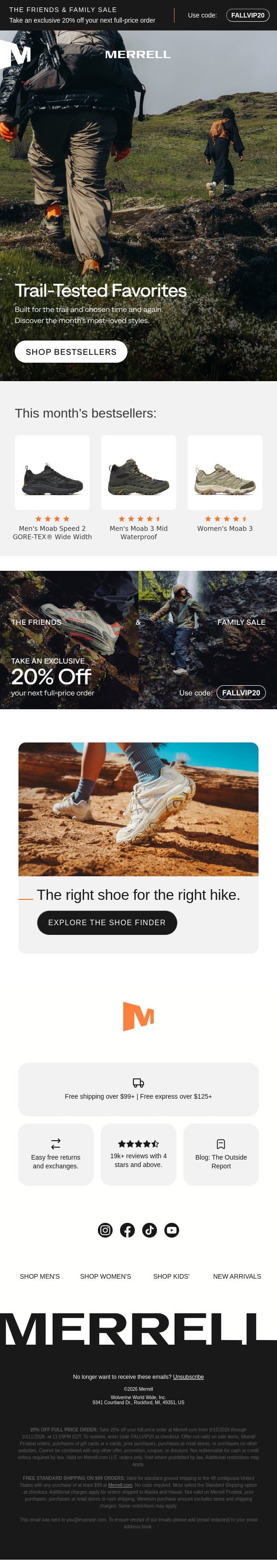 September bestsellers email from Merrell screenshot