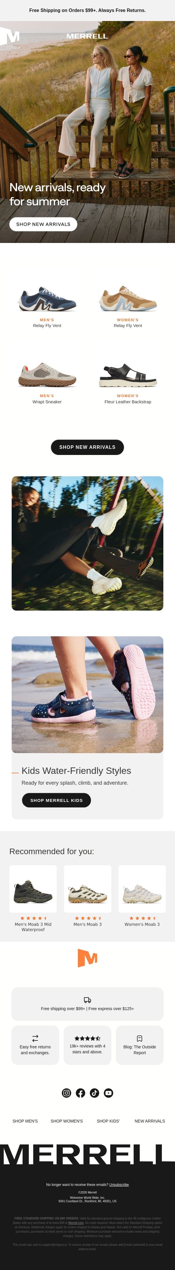 New arrivals made for the outdoors email from Merrell screenshot