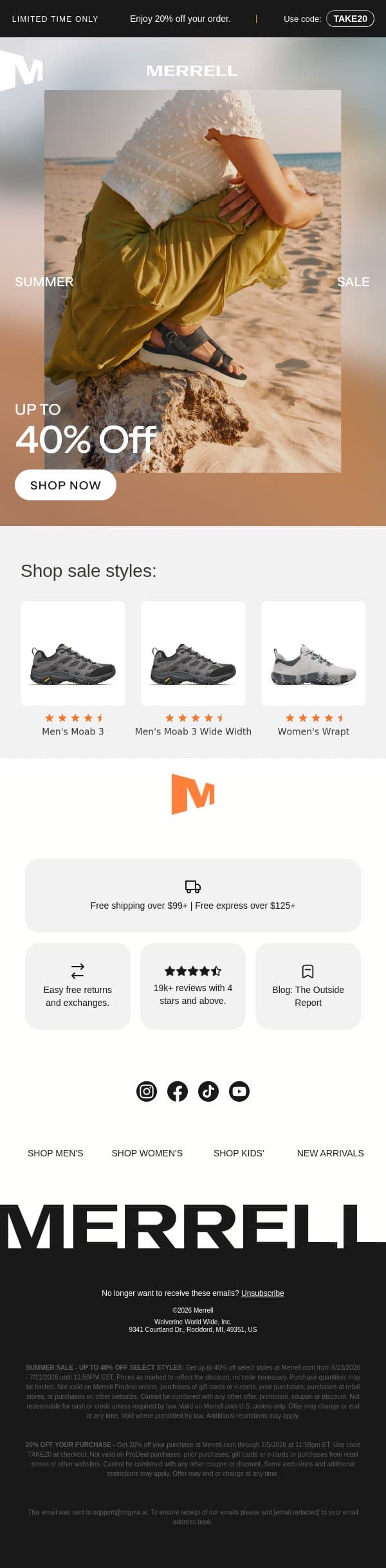 Up to 40% off: Sandals for every summer plan email from Merrell screenshot