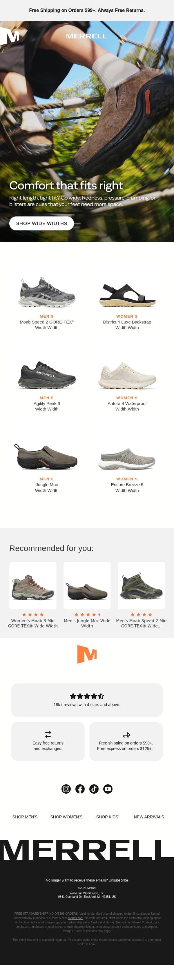 Wide-fit styles made for sunny days email from Merrell screenshot