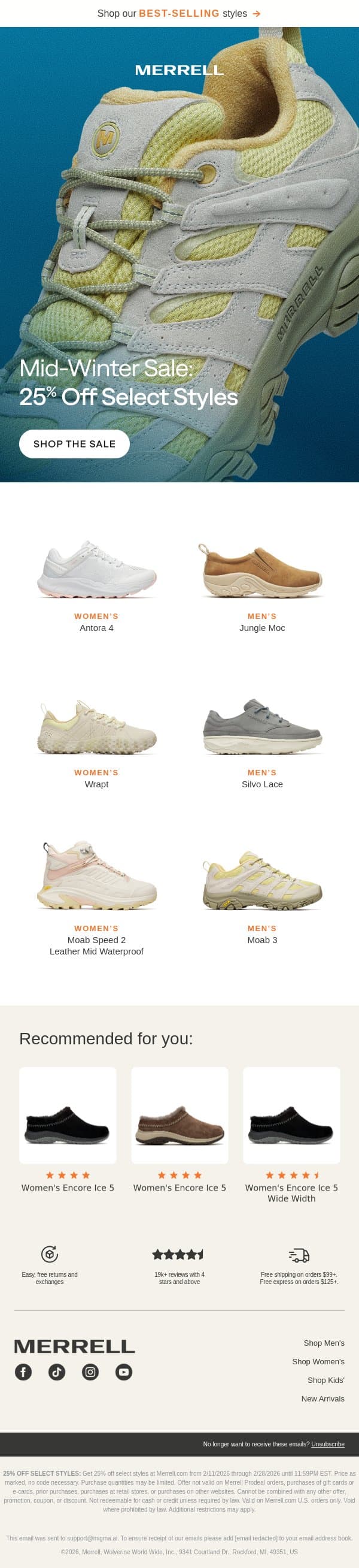 25% off cold-weather favorites email from Merrell screenshot