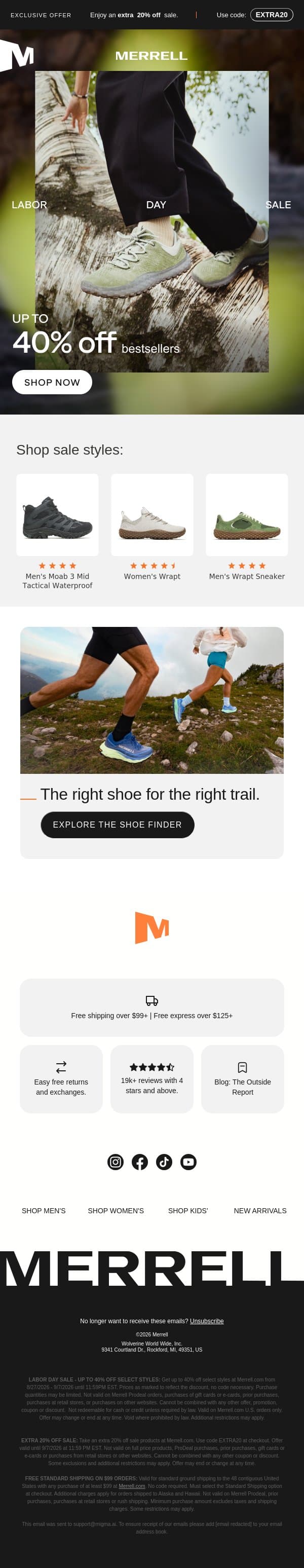 Hurry: up to 40% off + extra 20% off email from Merrell screenshot