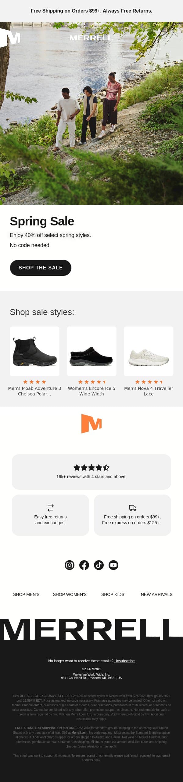 Spring Sale: 40% off email from Merrell screenshot