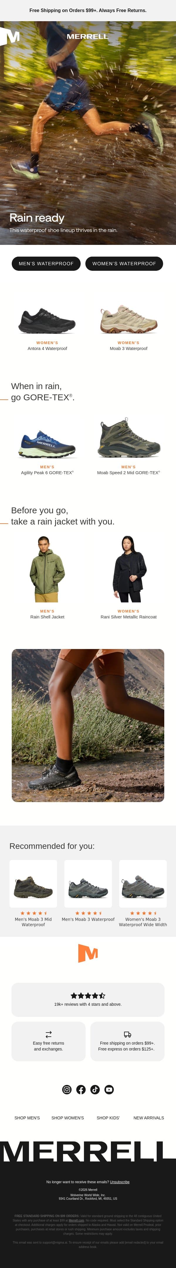 Rainy season calls for: waterproof gear email from Merrell screenshot