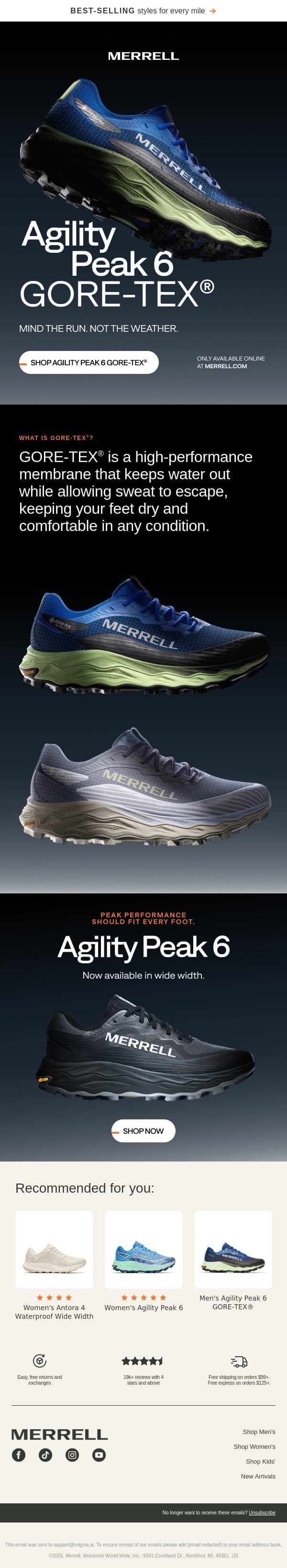 Online exclusive: Agility Peak 6 GORE-TEX® email from Merrell screenshot