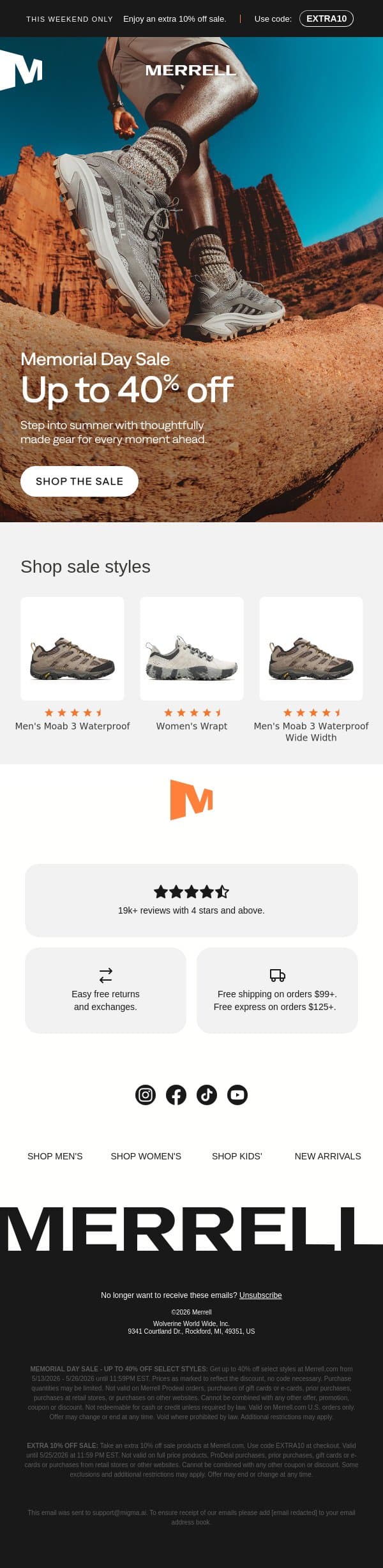 Up to 40% off for Memorial Day Weekend email from Merrell screenshot
