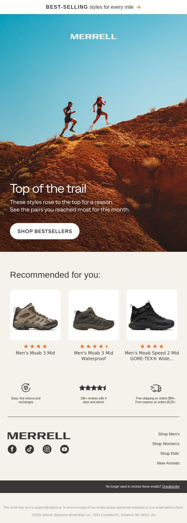 February’s standout styles email from Merrell screenshot