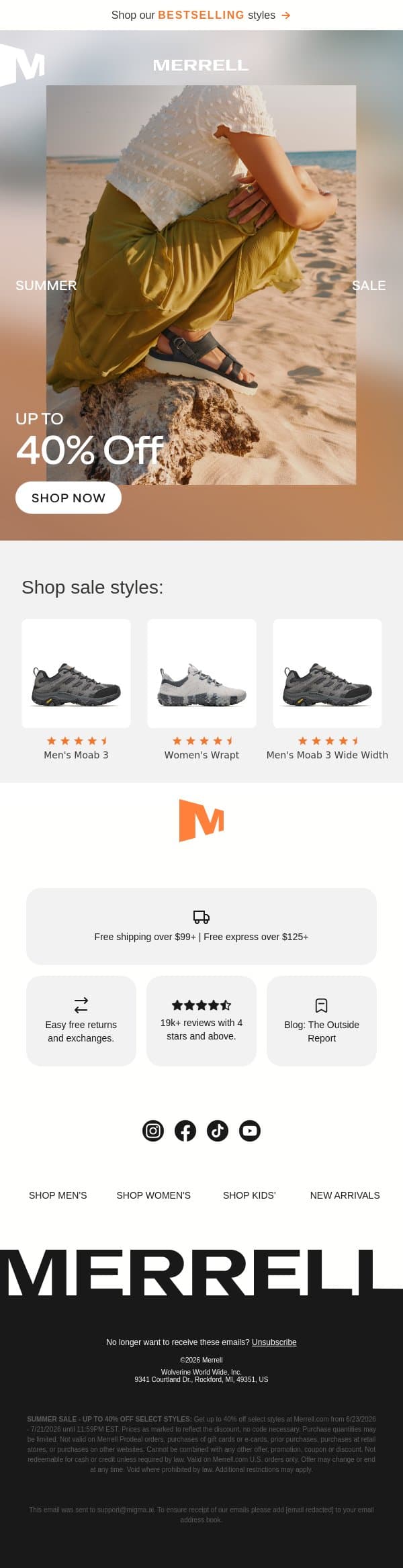Up to 40% off—The Summer Sale is still in full swing email from Merrell screenshot