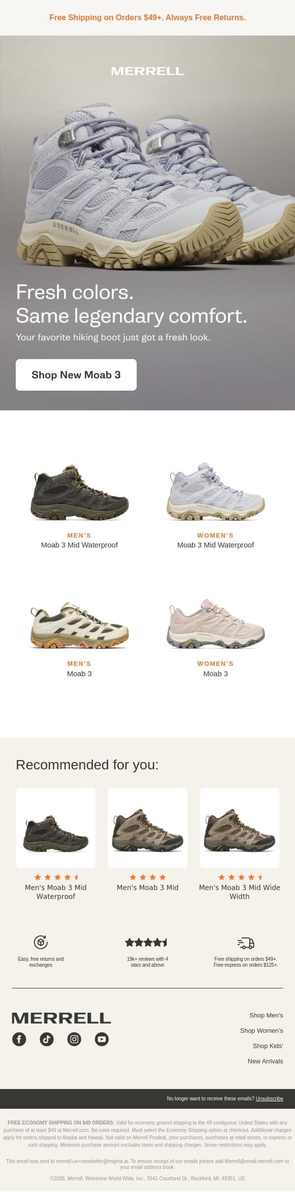 New seasonal shades in the Moab 3 email from Merrell screenshot