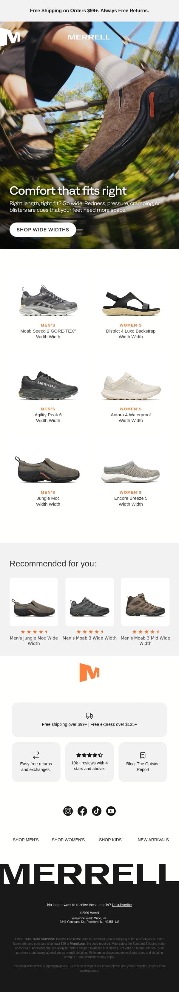 Go-to wide-fit styles email from Merrell screenshot