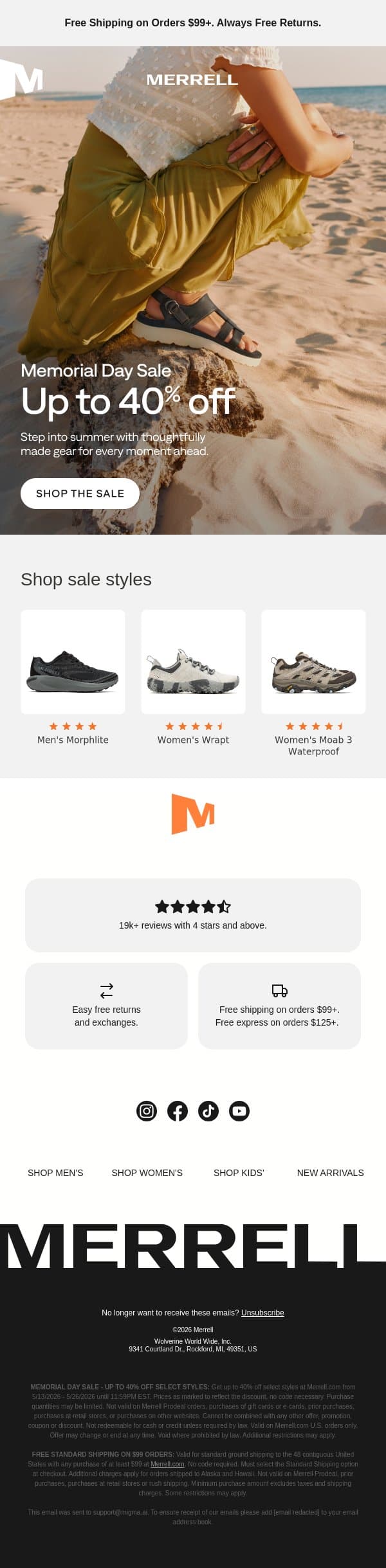 Enjoy up to 40% off sandals, sneakers & more email from Merrell screenshot
