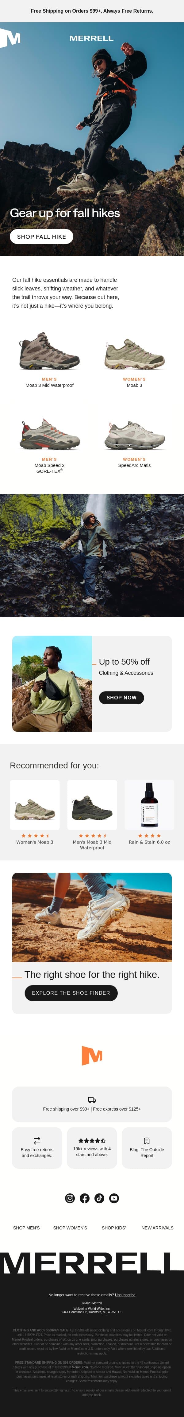 Everything you need for peak hiking season email from Merrell screenshot