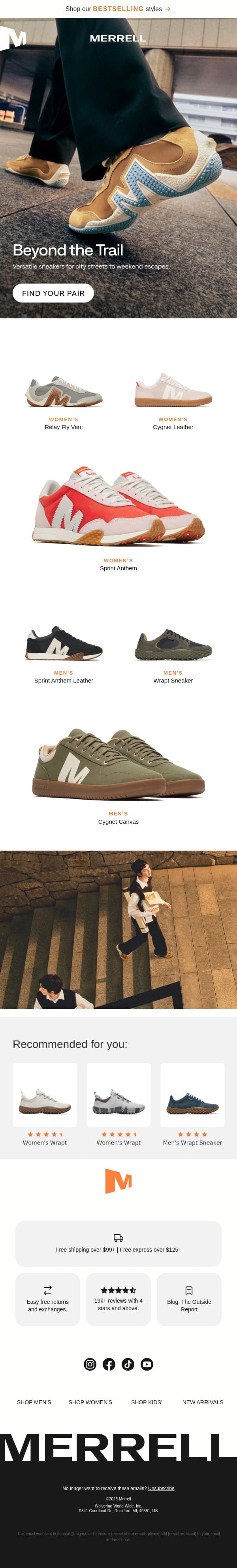 Clean looks. Serious comfort. email from Merrell screenshot