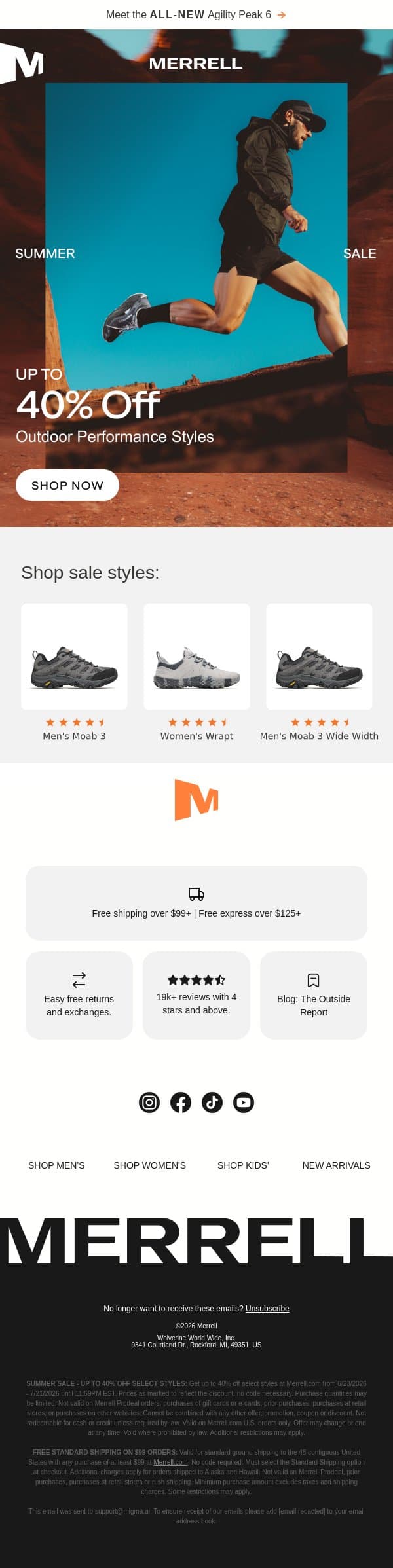 Inside: Summer savings ☀️ email from Merrell screenshot