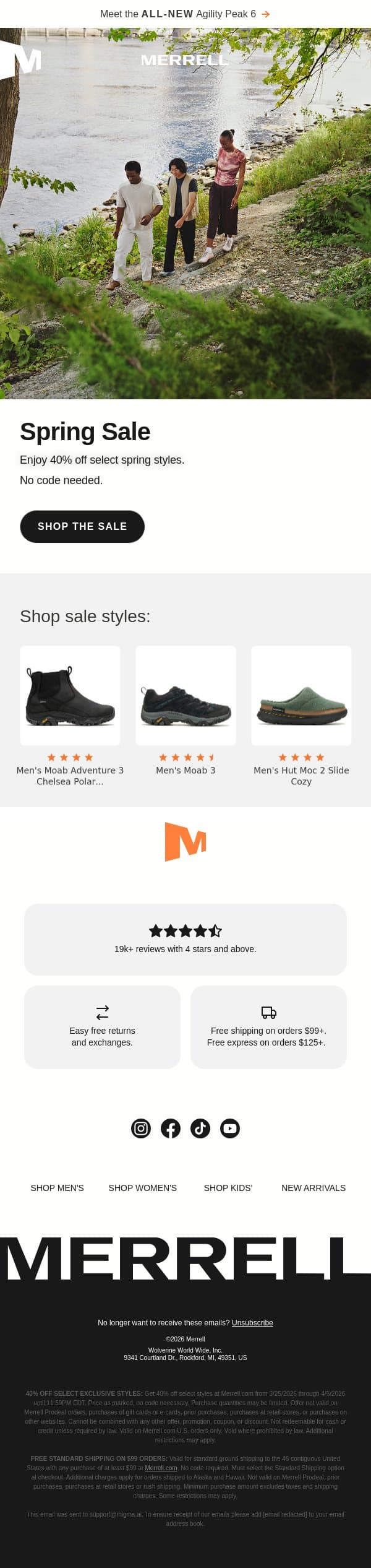 Hello, Spring Sale—up to 40% off email from Merrell screenshot